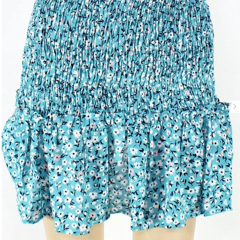 Aqua Blue Floral-Print Smocked  Good Luck Gem Women's Skirt - Picture 3 of 15